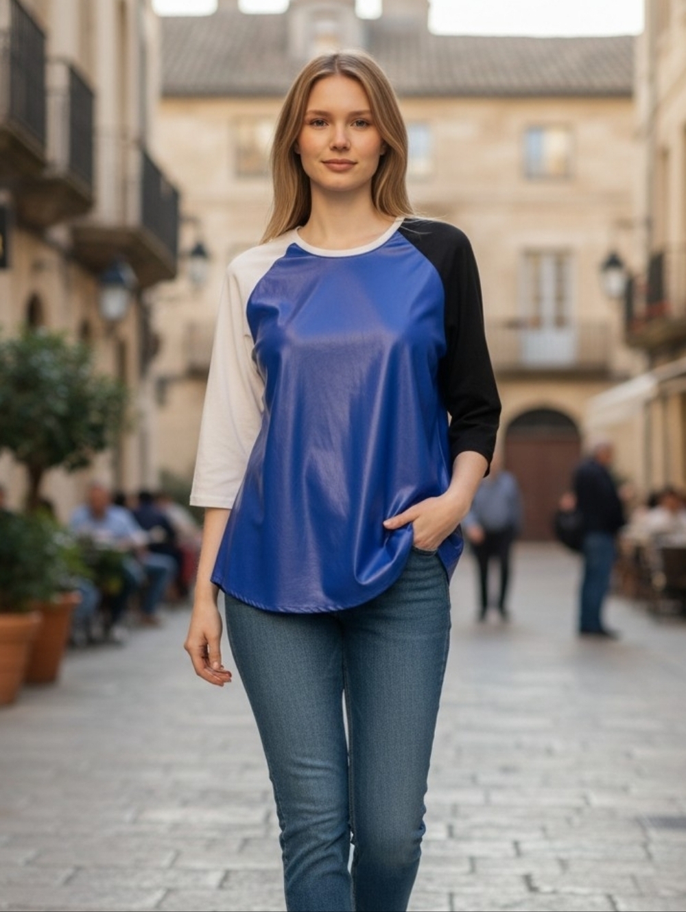 Line & Dot Colorblock Lambskin Leather Top S